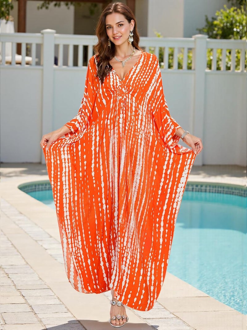 IMAGEKOPE Women's Plus Size Animal Print V-Neck Batwing Kaftan Beach Dress Bathing Suit Cover-Up Loungewear - Image 2